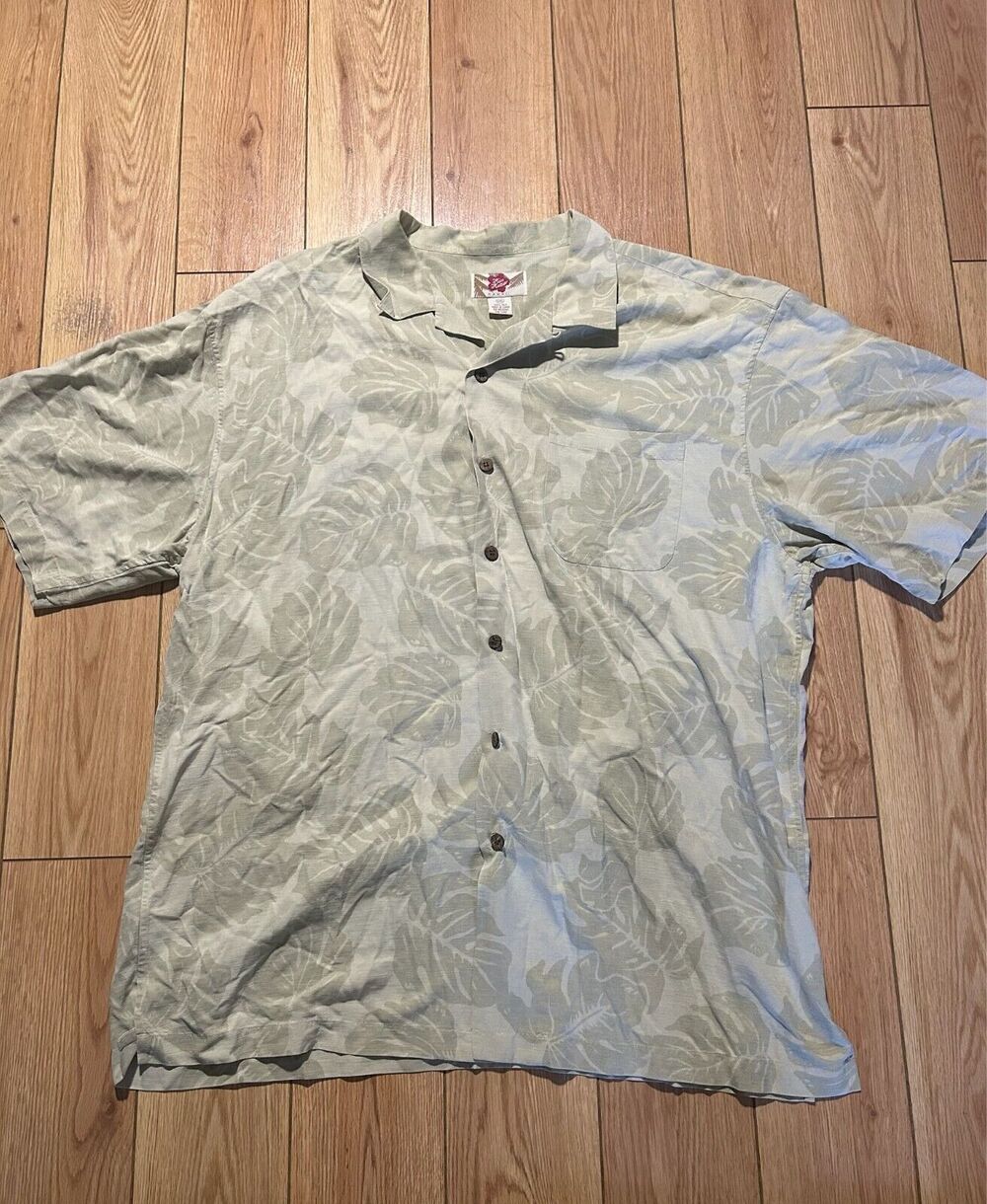 Hilo Hattie Vintage 100% Silk Green Hawaiian Loop Collar Casual Shirt Size 2XL